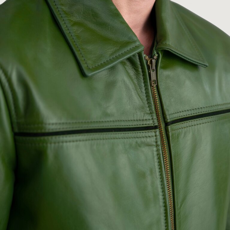 Mens Mystical Green Leather Jacket Close-Up-9-1724140215937